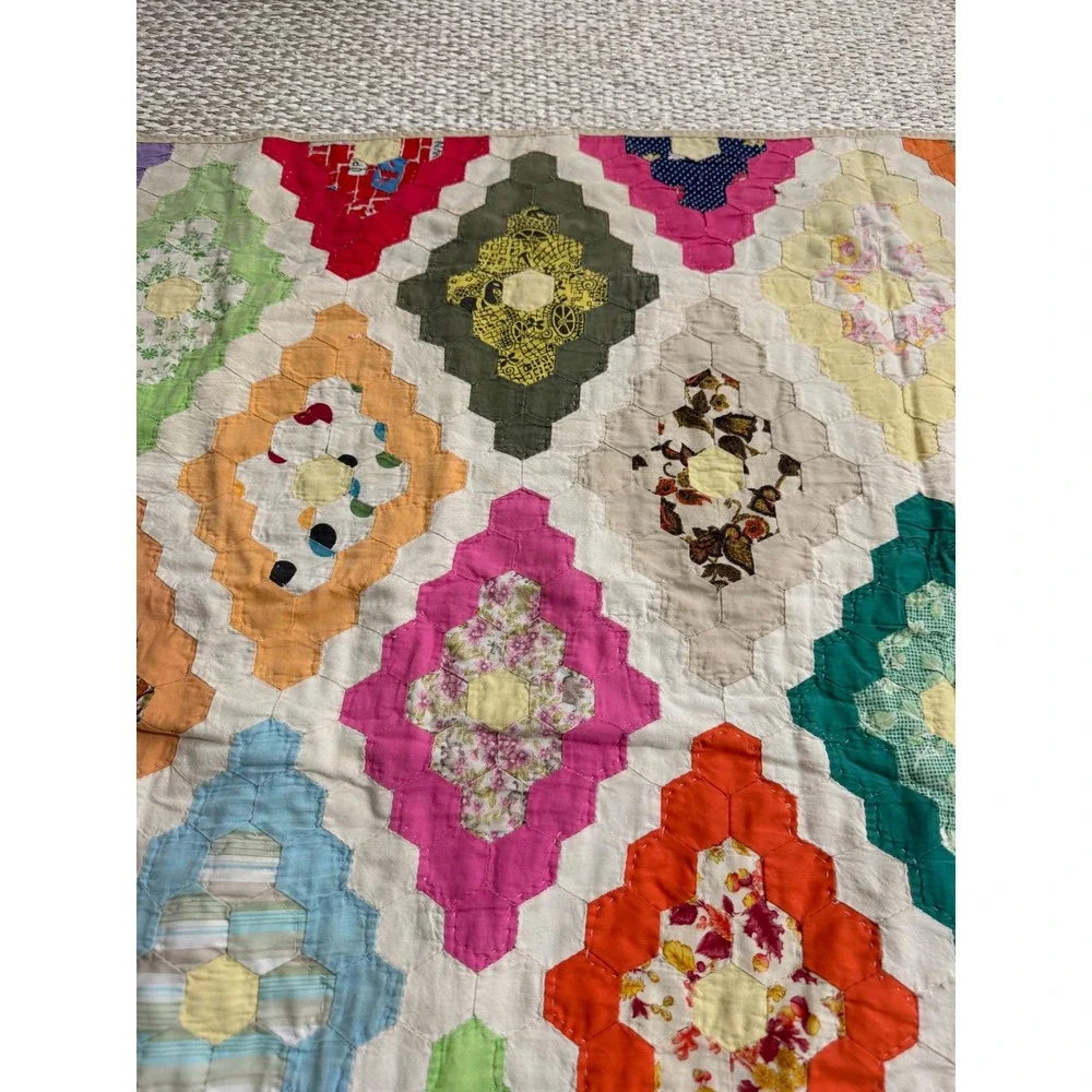 Vintage Handmade Grandmothers Flower Garden Patchwork Quilt Hexagon Multi 96x74